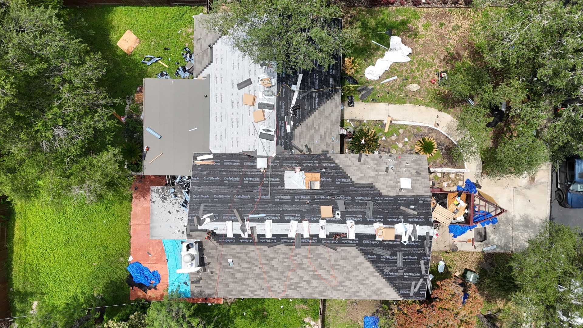 Drone view of San Antonio roof during dry-in with CraftGrade synthetic underlayment installed