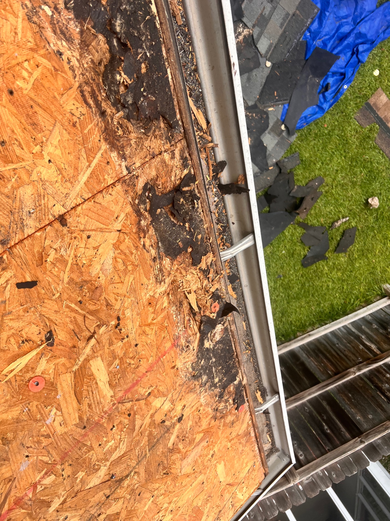 Braun Station tear-off detail showing deteriorated decking and edge conditions before repair