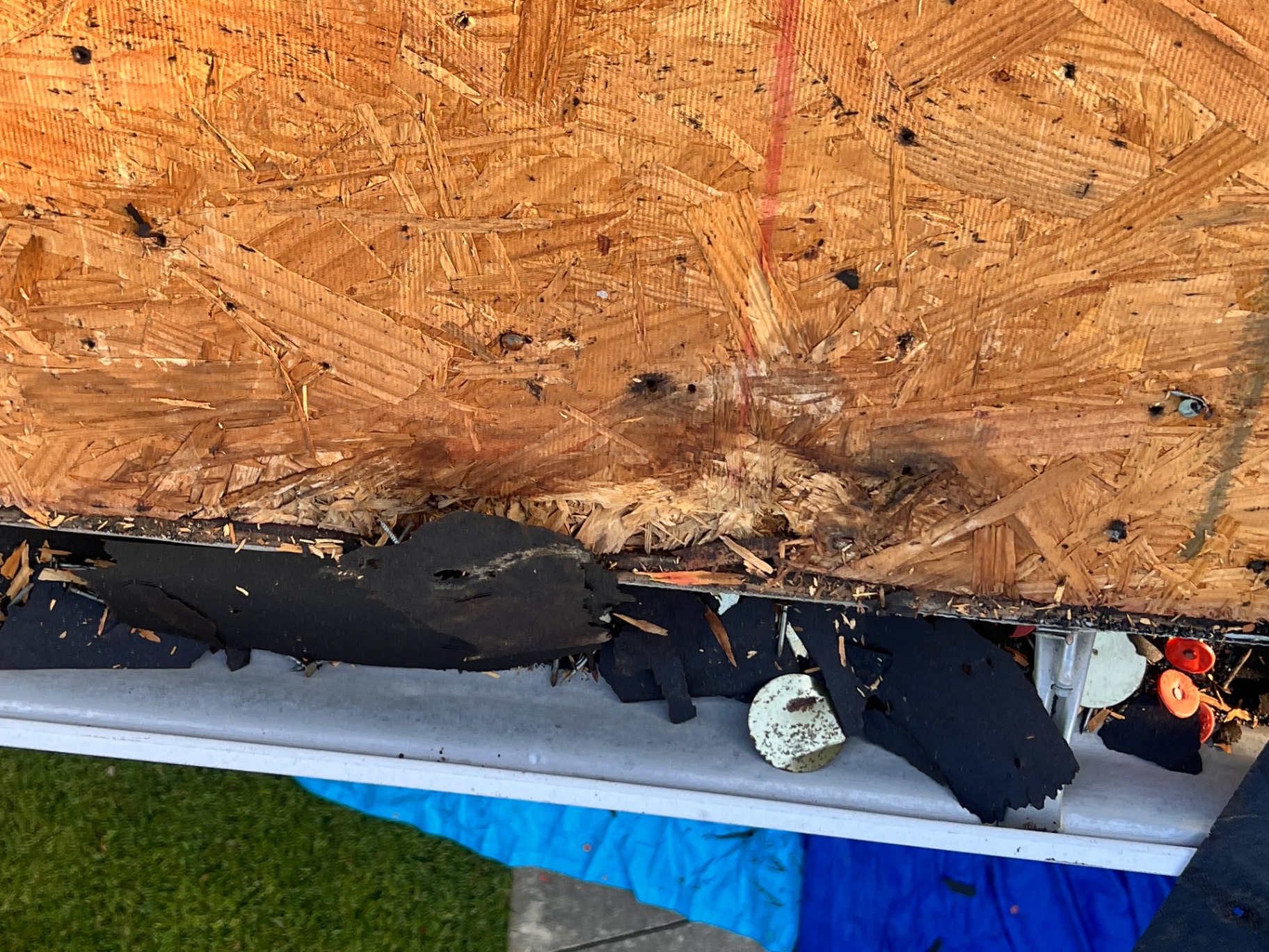 Additional Braun Station decking damage found during tear-off near the gutter edge
