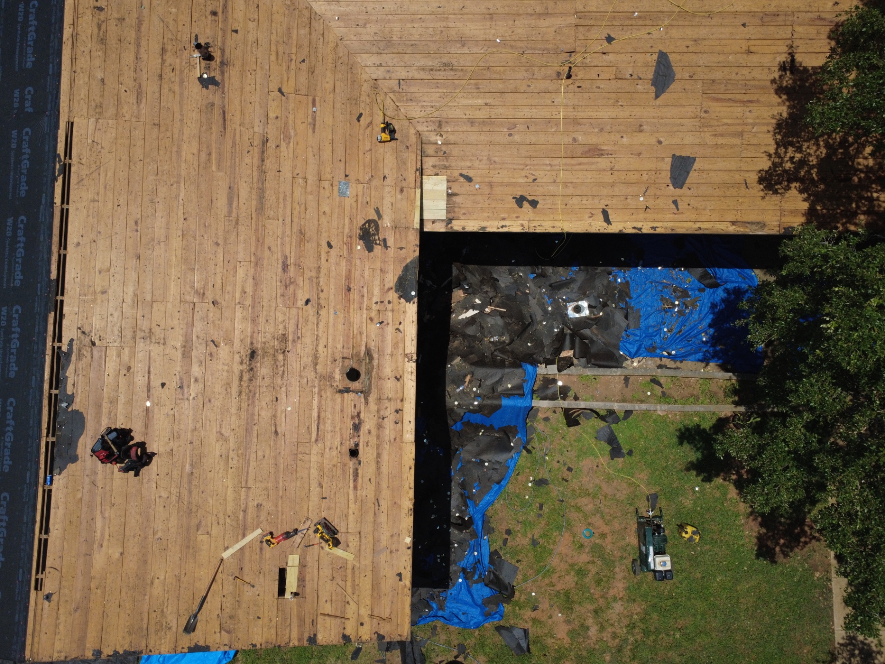 Fresh roof decking installed during Pearsall replacement before underlayment