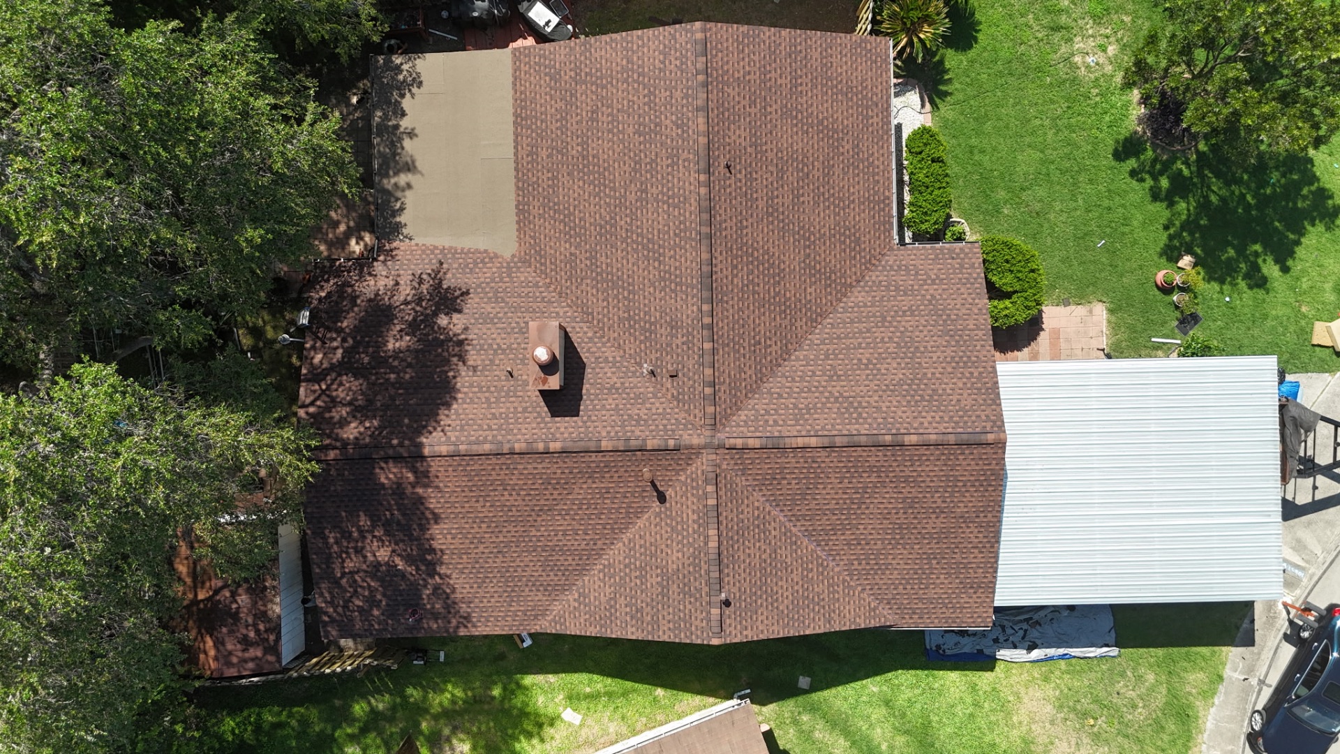 Aerial of finished GAF Timberline HDZ Class 3 roof replacement in San Antonio
