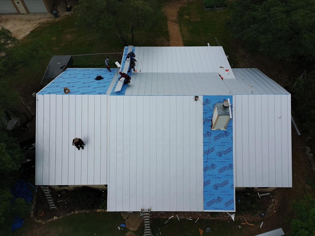Aerial view of completed Spring Branch standing seam metal roof