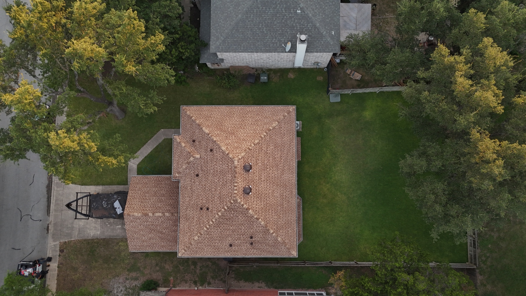 High aerial photo of finished Braun Station roof replacement in San Antonio