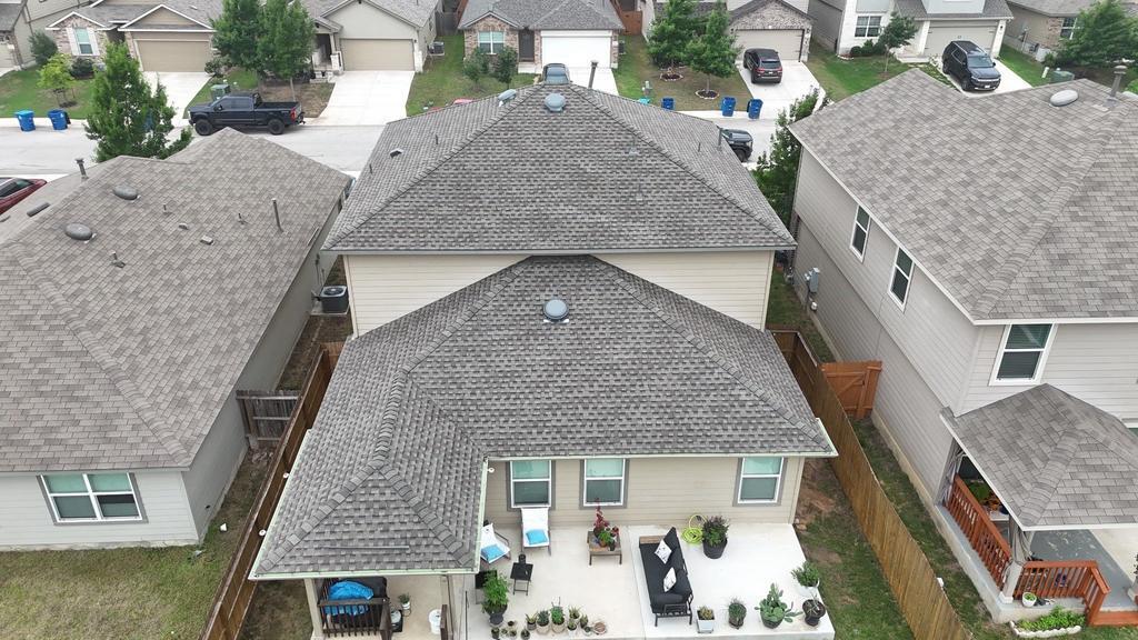 Rear aerial of completed Bulverde GAF roof replacement