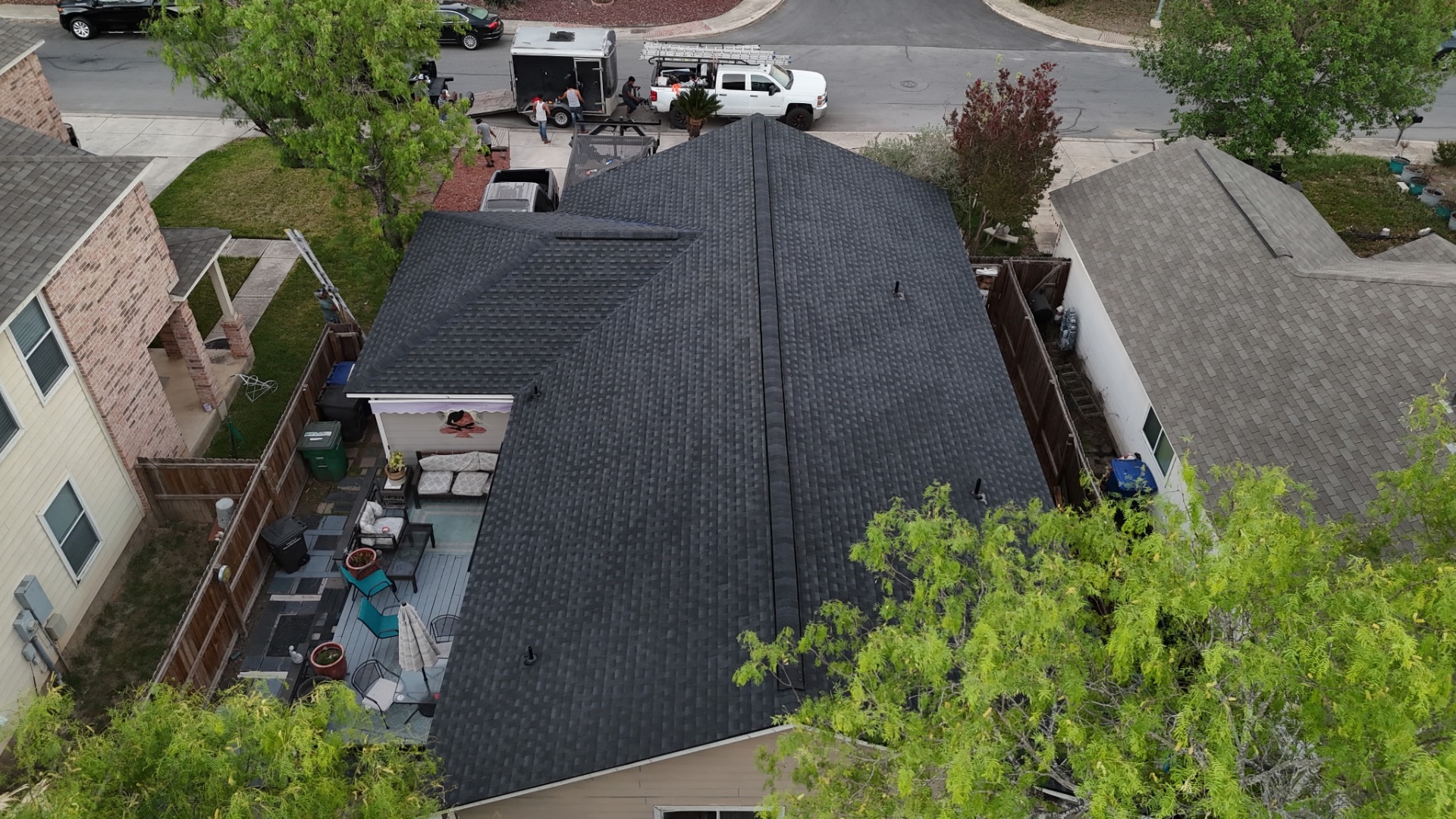 Finished angled aerial of completed West Side San Antonio roof replacement