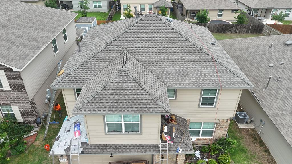 Aerial view of completed GAF roof in Bulverde — in-progress detail