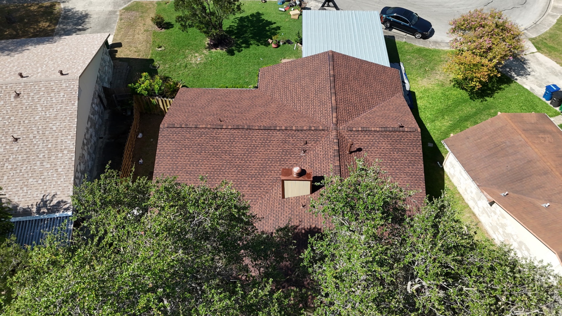 Side aerial of completed GAF Timberline HDZ Class 3 roof in San Antonio