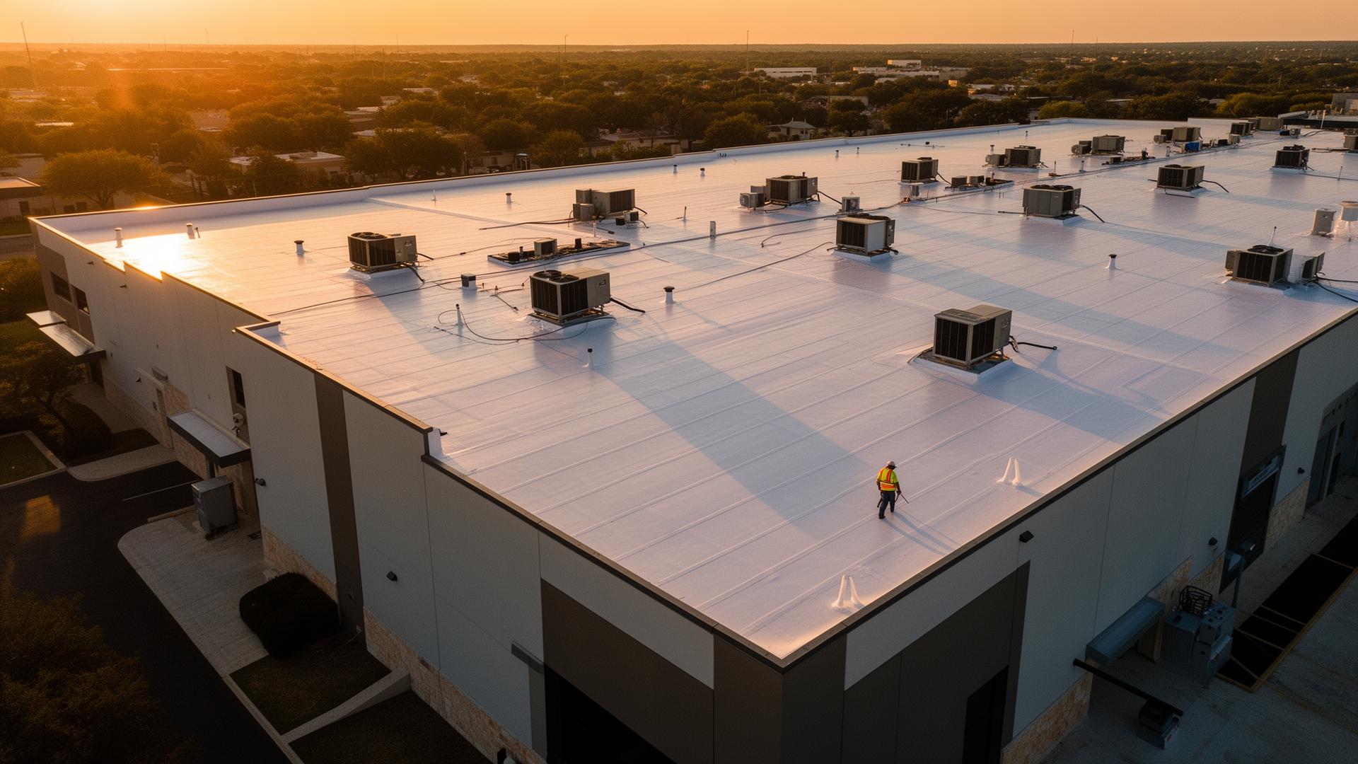 Drone inspection of a commercial flat roof at sunset in San Antonio Texas
